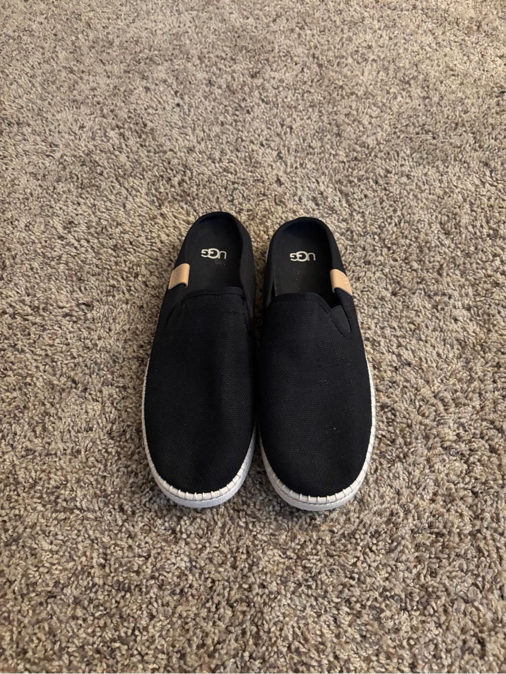 UGG Black Slip-On Canvas Shoes with Tan Heel Tabs
